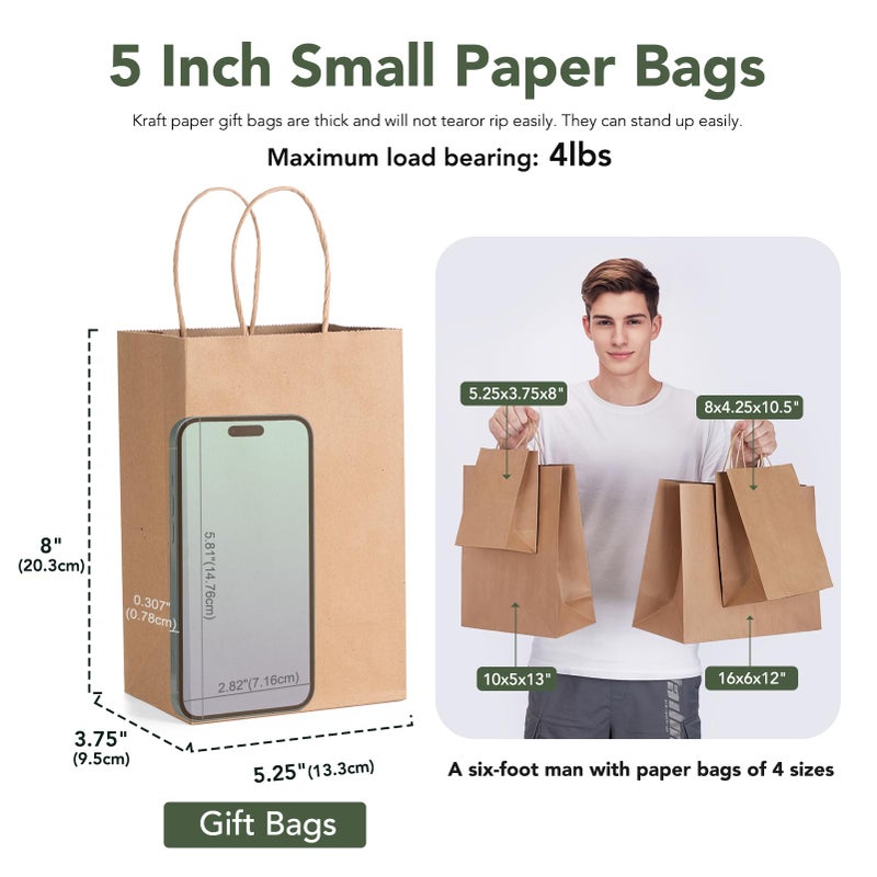 GSSUSA Brown Paper Bags 5.25x3.75x8 20Pcs, Small Gift Paper Bag with Handles Bulk, Graduation Gift, Sturdy Kraft Paper, Retail Shopping Bags, Party Favor, Christmas - Image 2